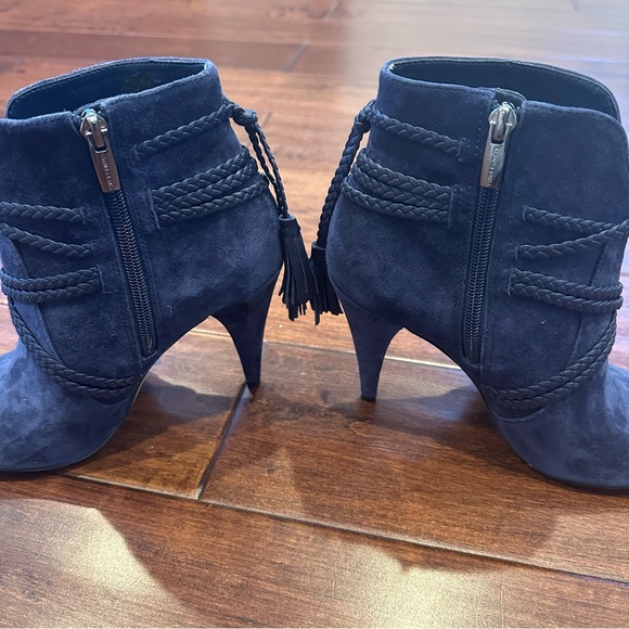 Vince Camuto Navy Suede Braided Tassel Peep Toe Booties - Picture 5 of 8